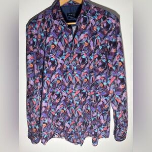 BUGATCHI Koi & Tropical Bird’s Feathers Relaxed “Shaped Fit” Denim Trims Shirt L